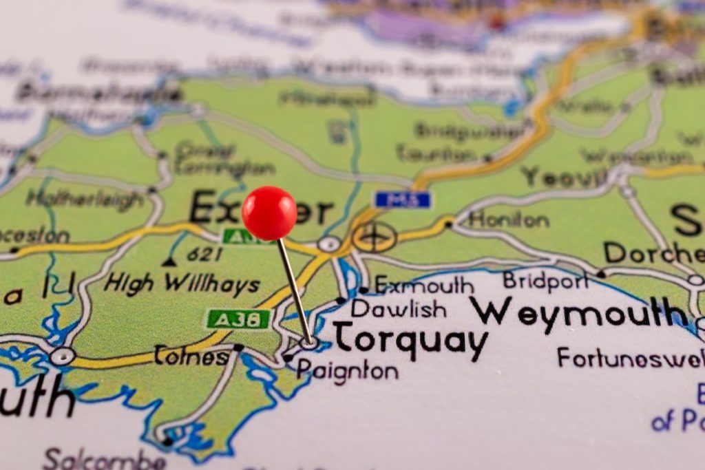 Map with pin stuck in Torquay, to illustrate feature on rural shared ownership valuations.